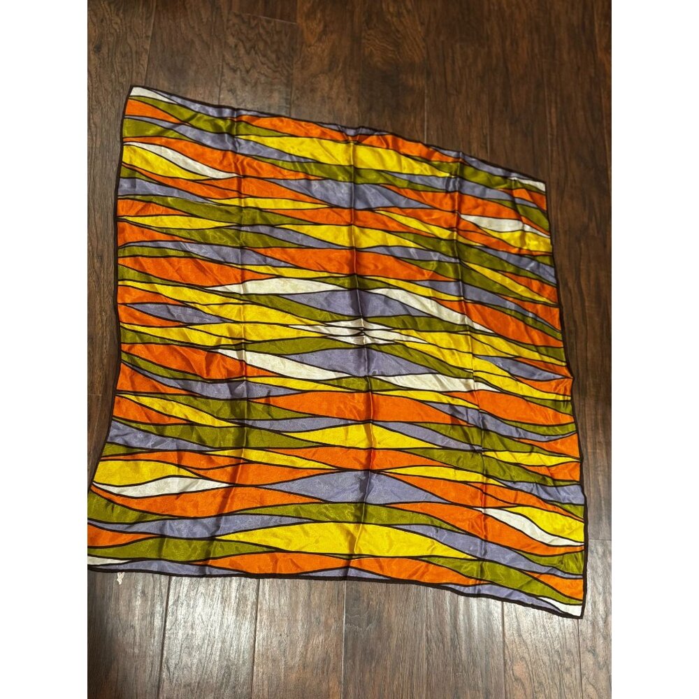 Vintage Acetate Scarf With Retro Striped Design In Orange Yellow Green & Purple